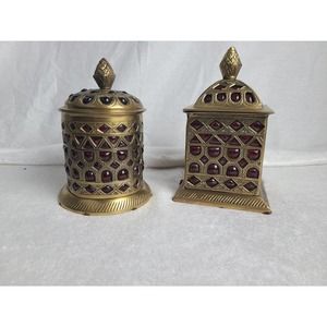 Vintage Brass Vases with caged red bubble glass